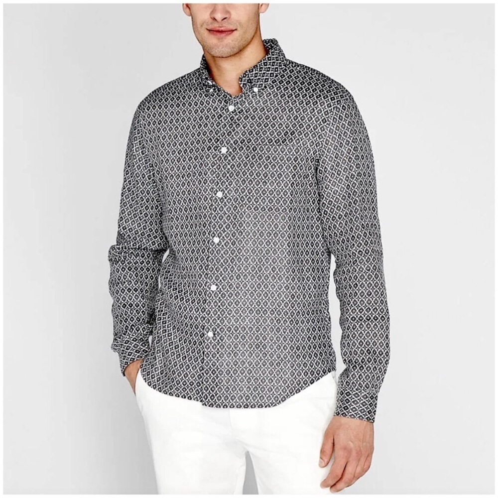 CLUB MONACO Tile Print Linen Button Down Long Sleeve Men's Shirt Size M
